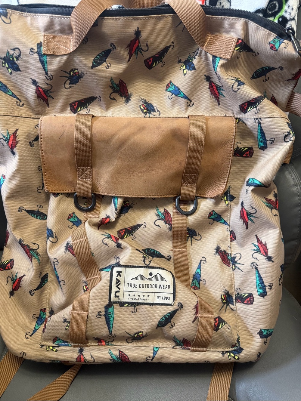 Kavu Tan Backpack with Multicolor Fishing Lure Print
